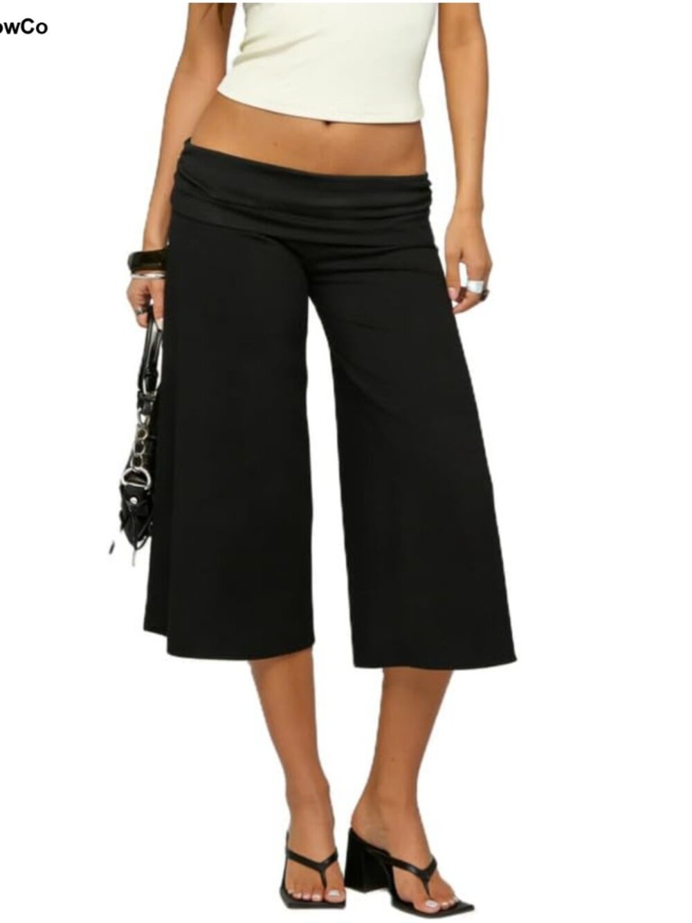 Women Fold Over Capri Pants Low Rise Wide Leg Gaucho Yoga Culottes
